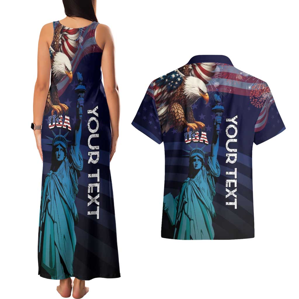 Personalized Fourth Of July USA Couples Matching Tank Maxi Dress and Hawaiian Shirt Eagle - Statue Of Liberty