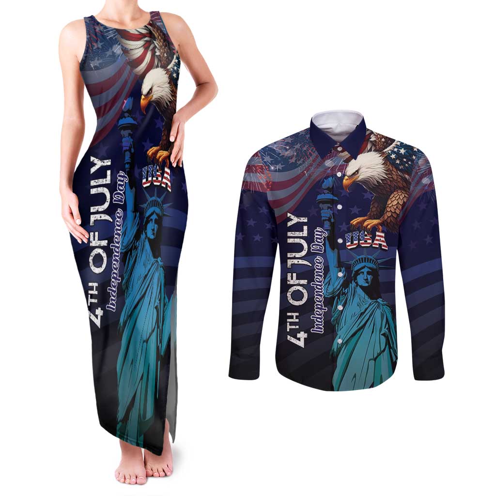 Personalized Fourth Of July USA Couples Matching Tank Maxi Dress and Long Sleeve Button Shirt Eagle - Statue Of Liberty