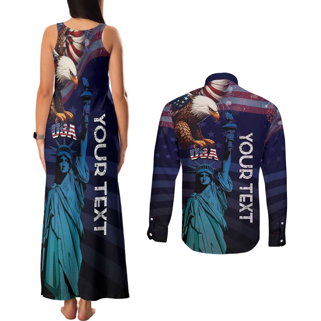 Personalized Fourth Of July USA Couples Matching Tank Maxi Dress and Long Sleeve Button Shirt Eagle - Statue Of Liberty