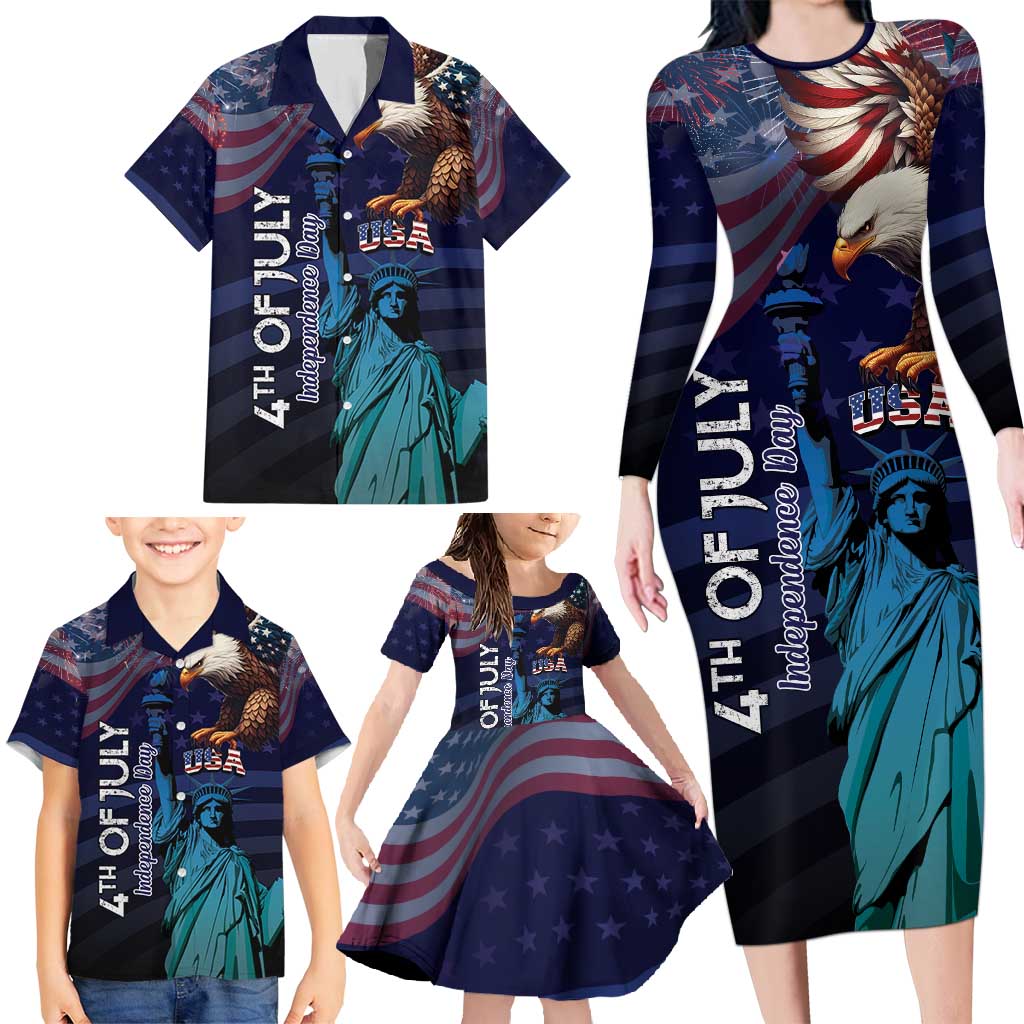 Personalized Fourth Of July USA Family Matching Long Sleeve Bodycon Dress and Hawaiian Shirt Eagle - Statue Of Liberty
