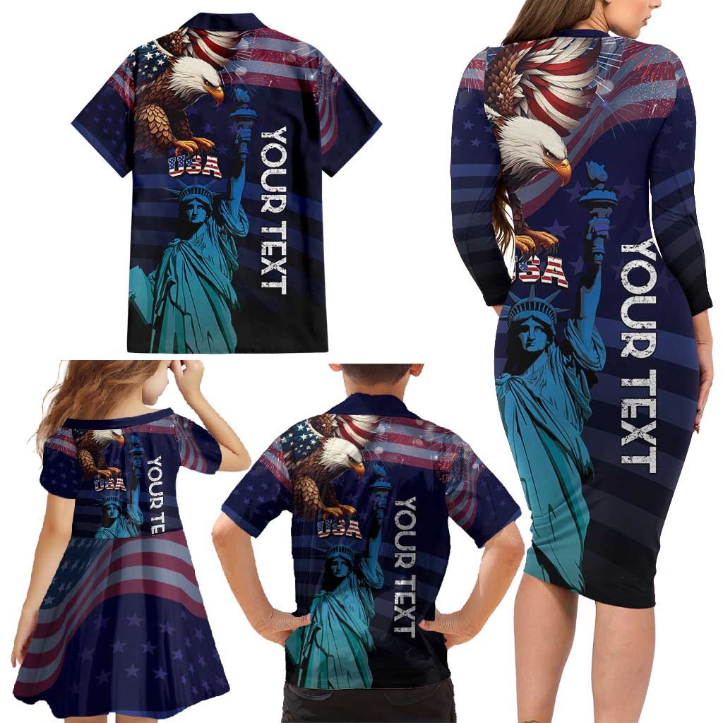 Personalized Fourth Of July USA Family Matching Long Sleeve Bodycon Dress and Hawaiian Shirt Eagle - Statue Of Liberty