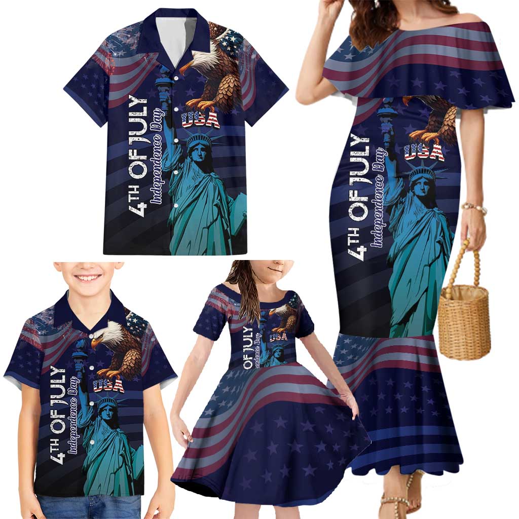 Personalized Fourth Of July USA Family Matching Mermaid Dress and Hawaiian Shirt Eagle - Statue Of Liberty