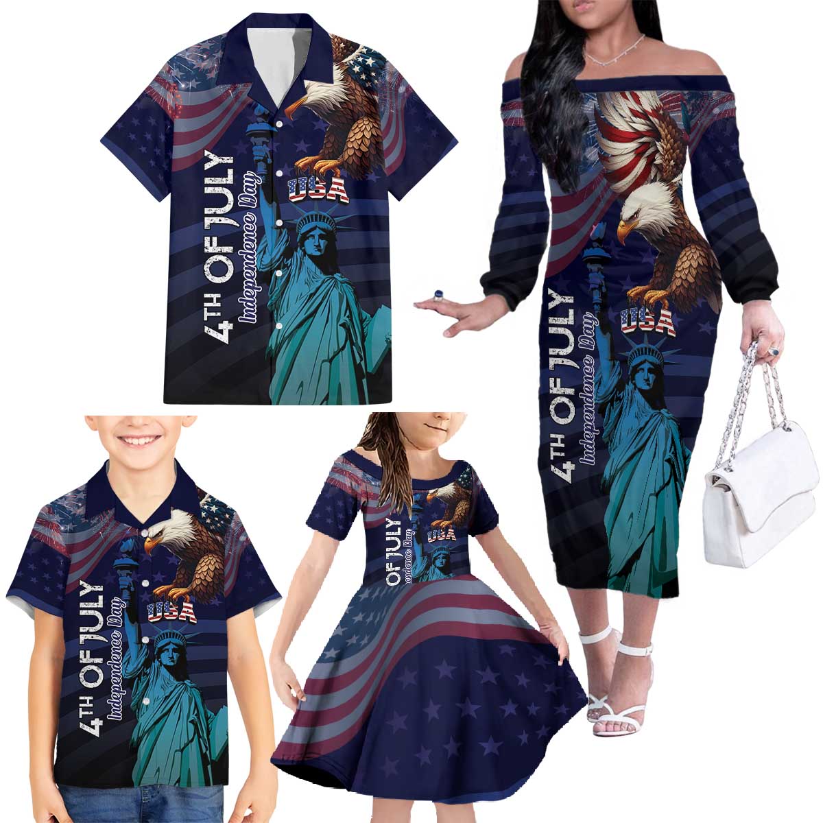 Personalized Fourth Of July USA Family Matching Off The Shoulder Long Sleeve Dress and Hawaiian Shirt Eagle - Statue Of Liberty