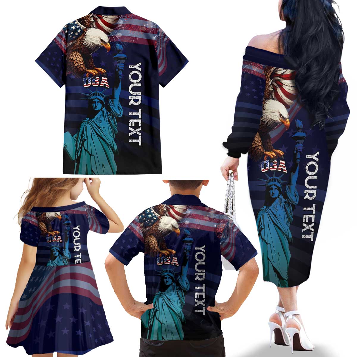 Personalized Fourth Of July USA Family Matching Off The Shoulder Long Sleeve Dress and Hawaiian Shirt Eagle - Statue Of Liberty