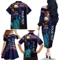 Personalized Fourth Of July USA Family Matching Off The Shoulder Long Sleeve Dress and Hawaiian Shirt Eagle - Statue Of Liberty