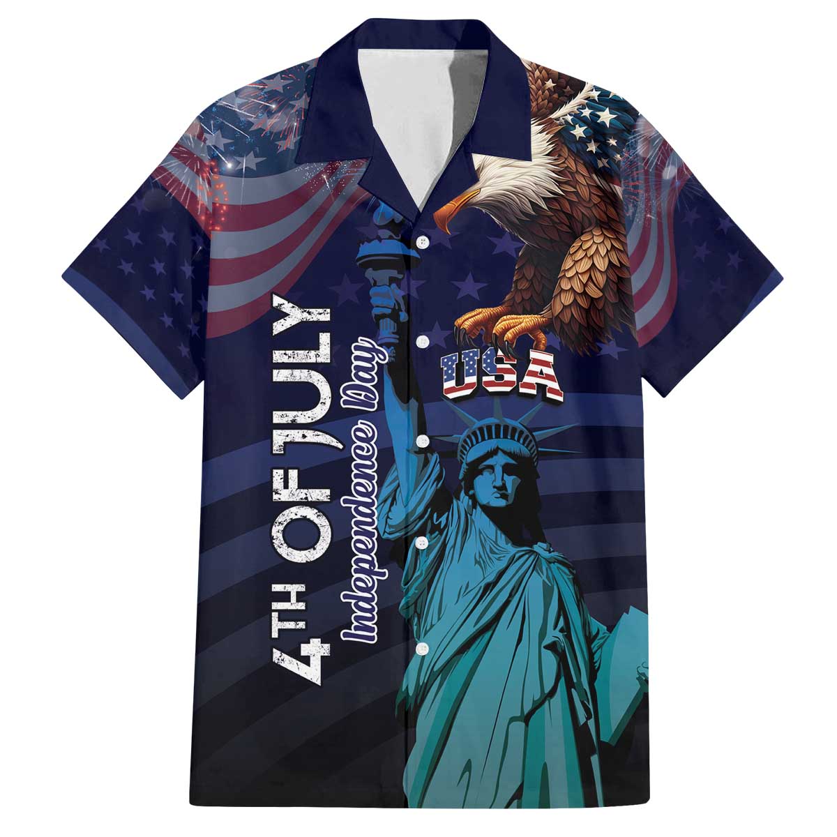Personalized Fourth Of July USA Family Matching Off The Shoulder Long Sleeve Dress and Hawaiian Shirt Eagle - Statue Of Liberty