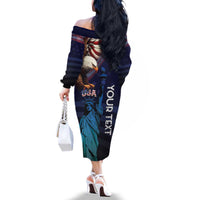 Personalized Fourth Of July USA Family Matching Off The Shoulder Long Sleeve Dress and Hawaiian Shirt Eagle - Statue Of Liberty