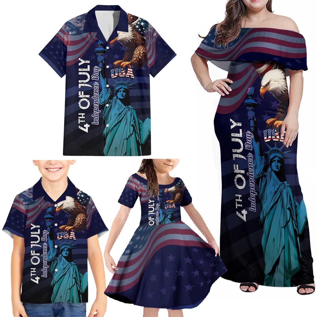 Personalized Fourth Of July USA Family Matching Off Shoulder Maxi Dress and Hawaiian Shirt Eagle - Statue Of Liberty