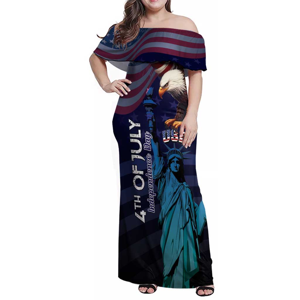 Personalized Fourth Of July USA Family Matching Off Shoulder Maxi Dress and Hawaiian Shirt Eagle - Statue Of Liberty
