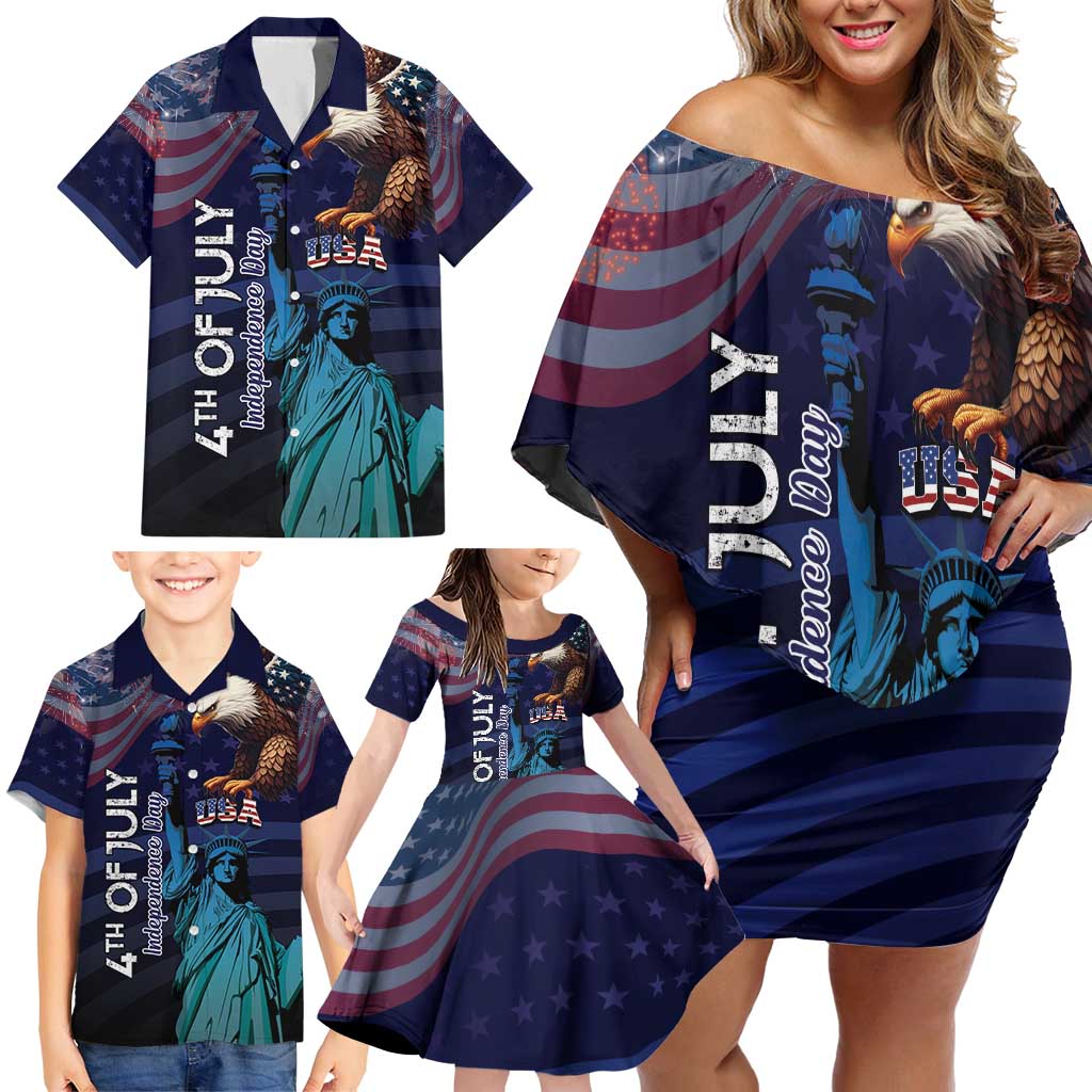 Personalized Fourth Of July USA Family Matching Off Shoulder Short Dress and Hawaiian Shirt Eagle - Statue Of Liberty
