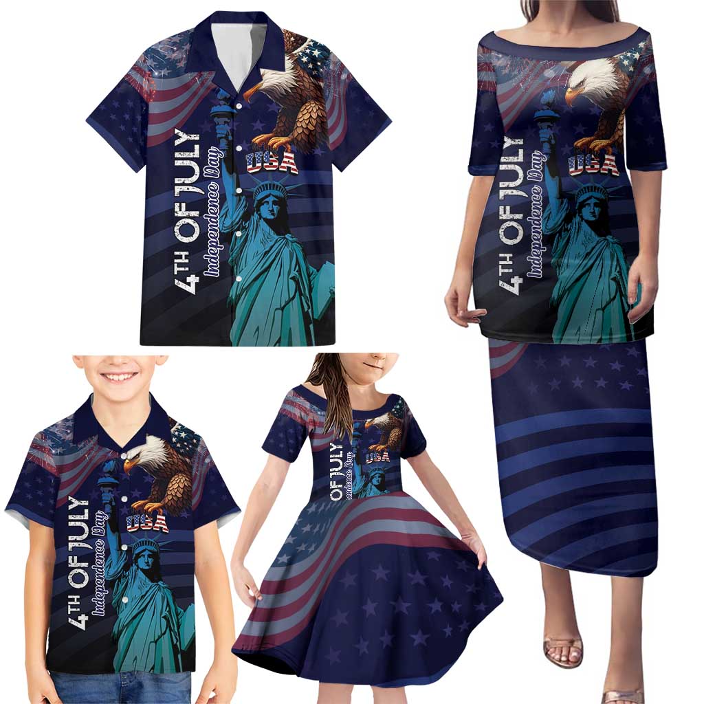 Personalized Fourth Of July USA Family Matching Puletasi and Hawaiian Shirt Eagle - Statue Of Liberty