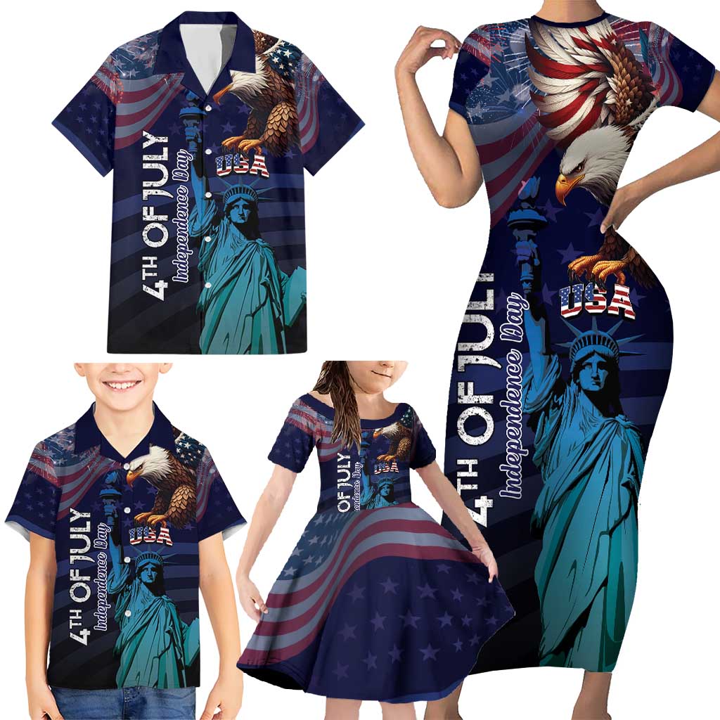 Personalized Fourth Of July USA Family Matching Short Sleeve Bodycon Dress and Hawaiian Shirt Eagle - Statue Of Liberty