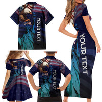 Personalized Fourth Of July USA Family Matching Short Sleeve Bodycon Dress and Hawaiian Shirt Eagle - Statue Of Liberty