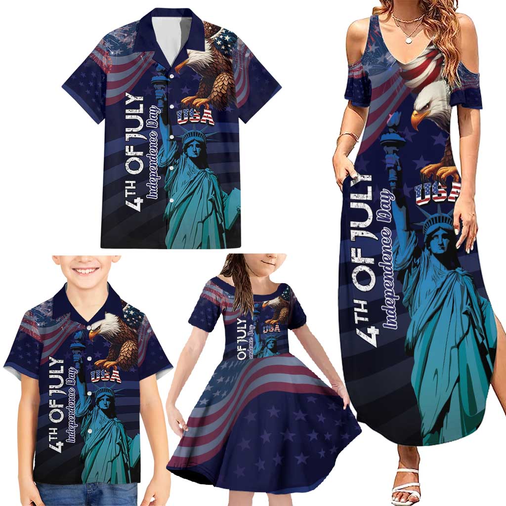 Personalized Fourth Of July USA Family Matching Summer Maxi Dress and Hawaiian Shirt Eagle - Statue Of Liberty