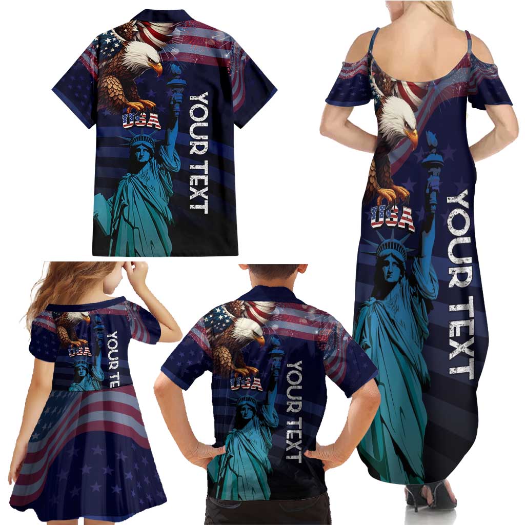 Personalized Fourth Of July USA Family Matching Summer Maxi Dress and Hawaiian Shirt Eagle - Statue Of Liberty