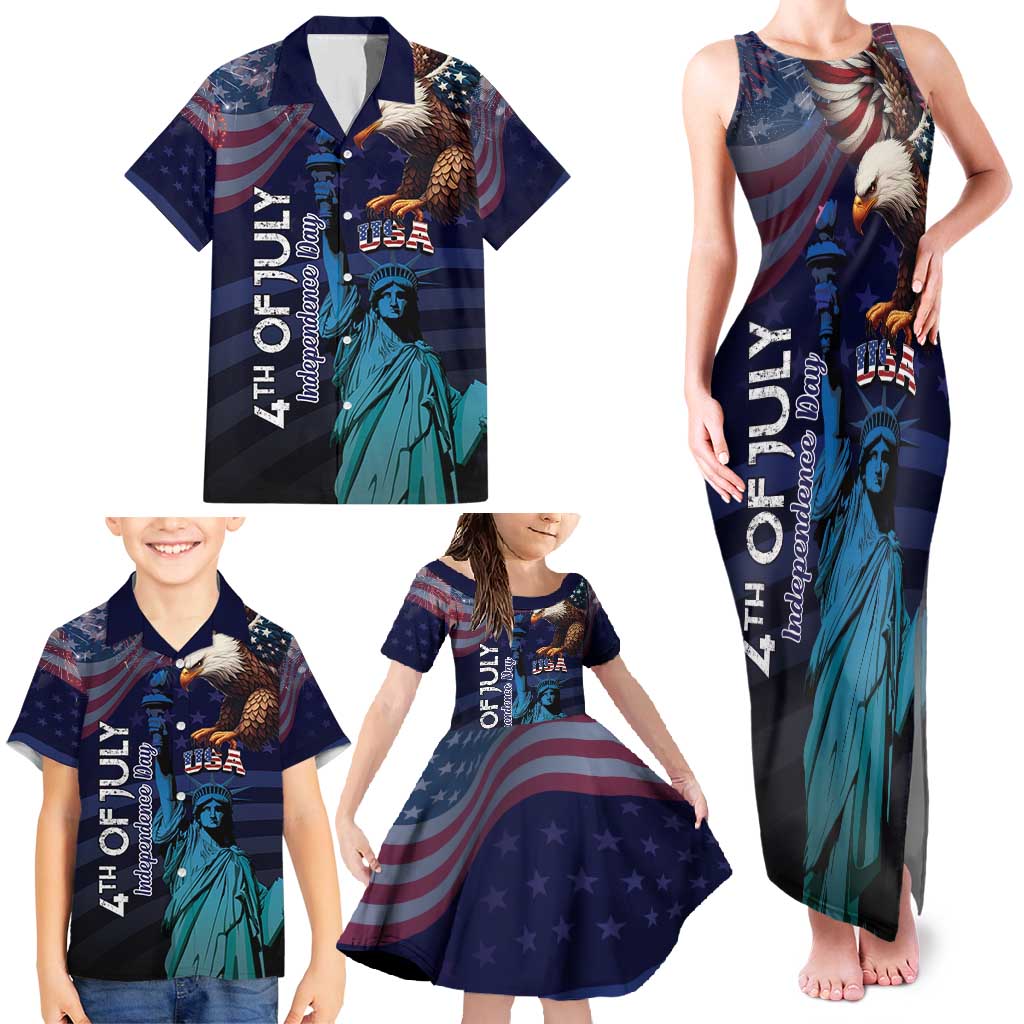 Personalized Fourth Of July USA Family Matching Tank Maxi Dress and Hawaiian Shirt Eagle - Statue Of Liberty