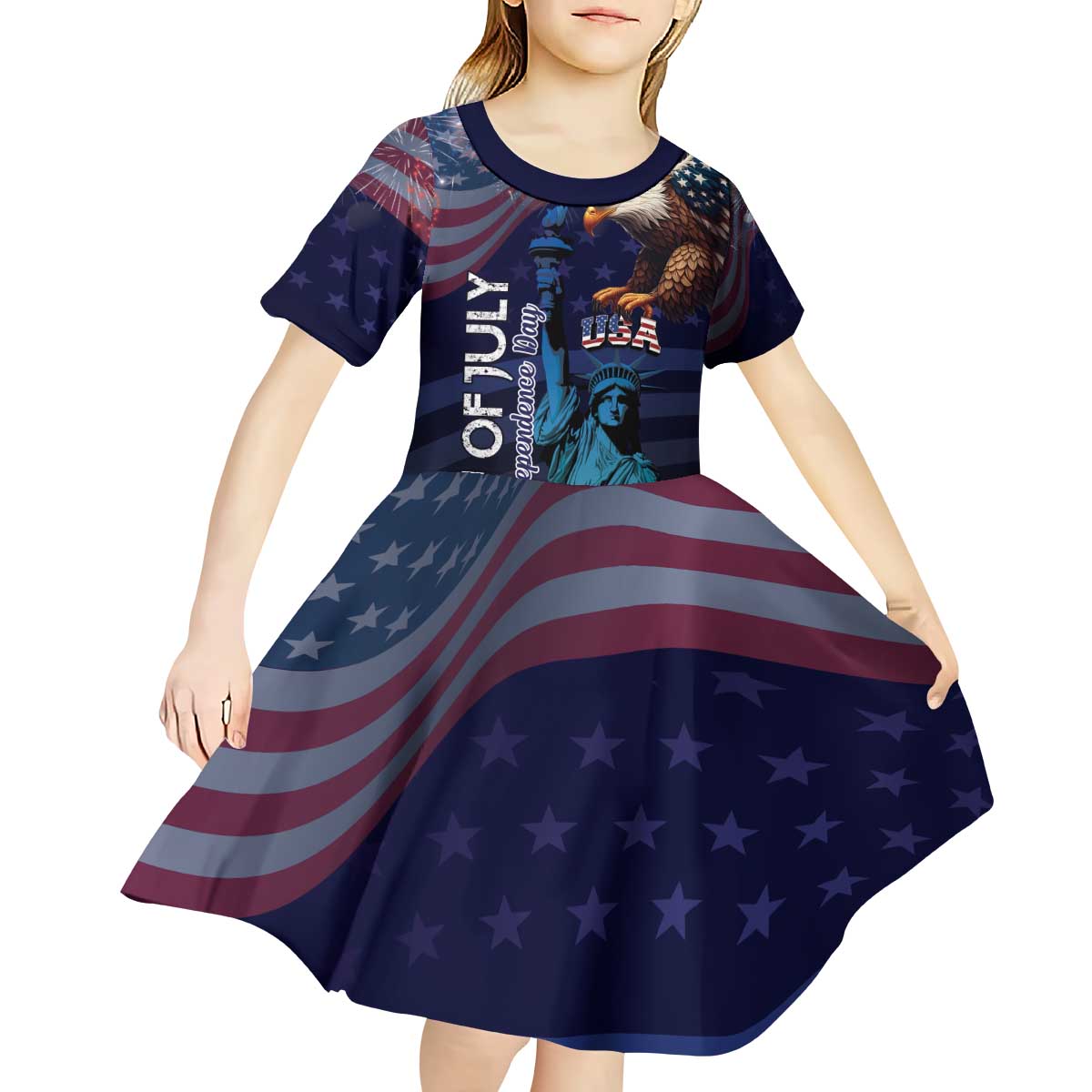 Personalized Fourth Of July USA Kid Short Sleeve Dress Eagle - Statue Of Liberty