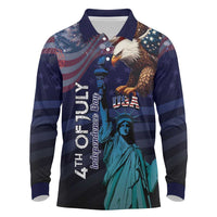 Personalized Fourth Of July USA Long Sleeve Polo Shirt Eagle - Statue Of Liberty