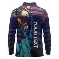 Personalized Fourth Of July USA Long Sleeve Polo Shirt Eagle - Statue Of Liberty