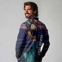 Personalized Fourth Of July USA Long Sleeve Polo Shirt Eagle - Statue Of Liberty