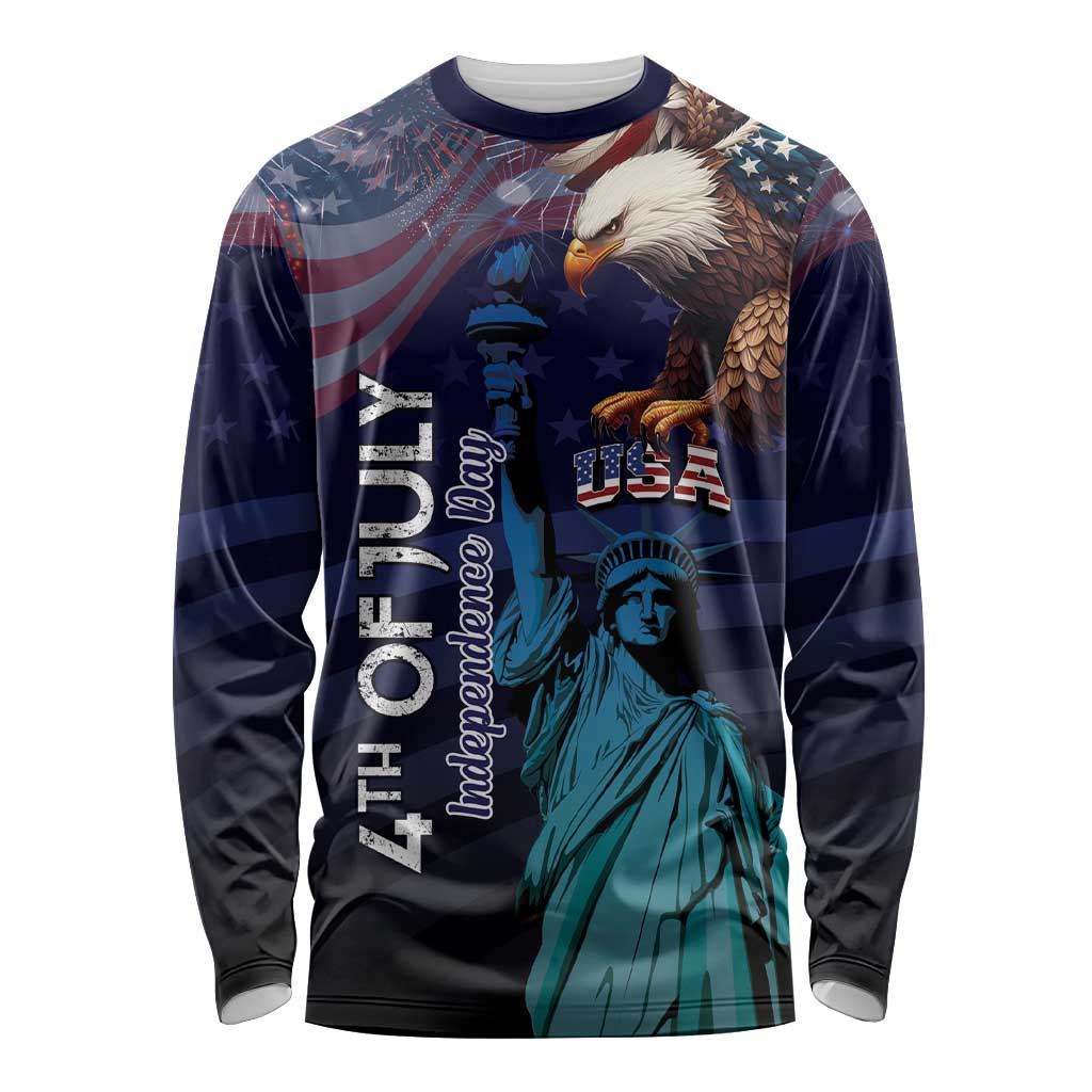 Personalized Fourth Of July USA Long Sleeve Shirt Eagle - Statue Of Liberty