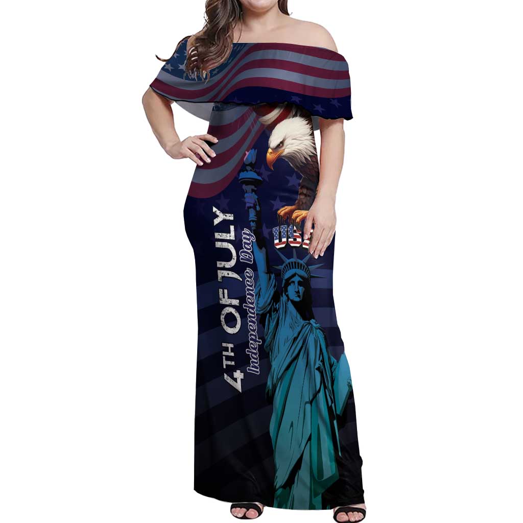 Personalized Fourth Of July USA Off Shoulder Maxi Dress Eagle - Statue Of Liberty