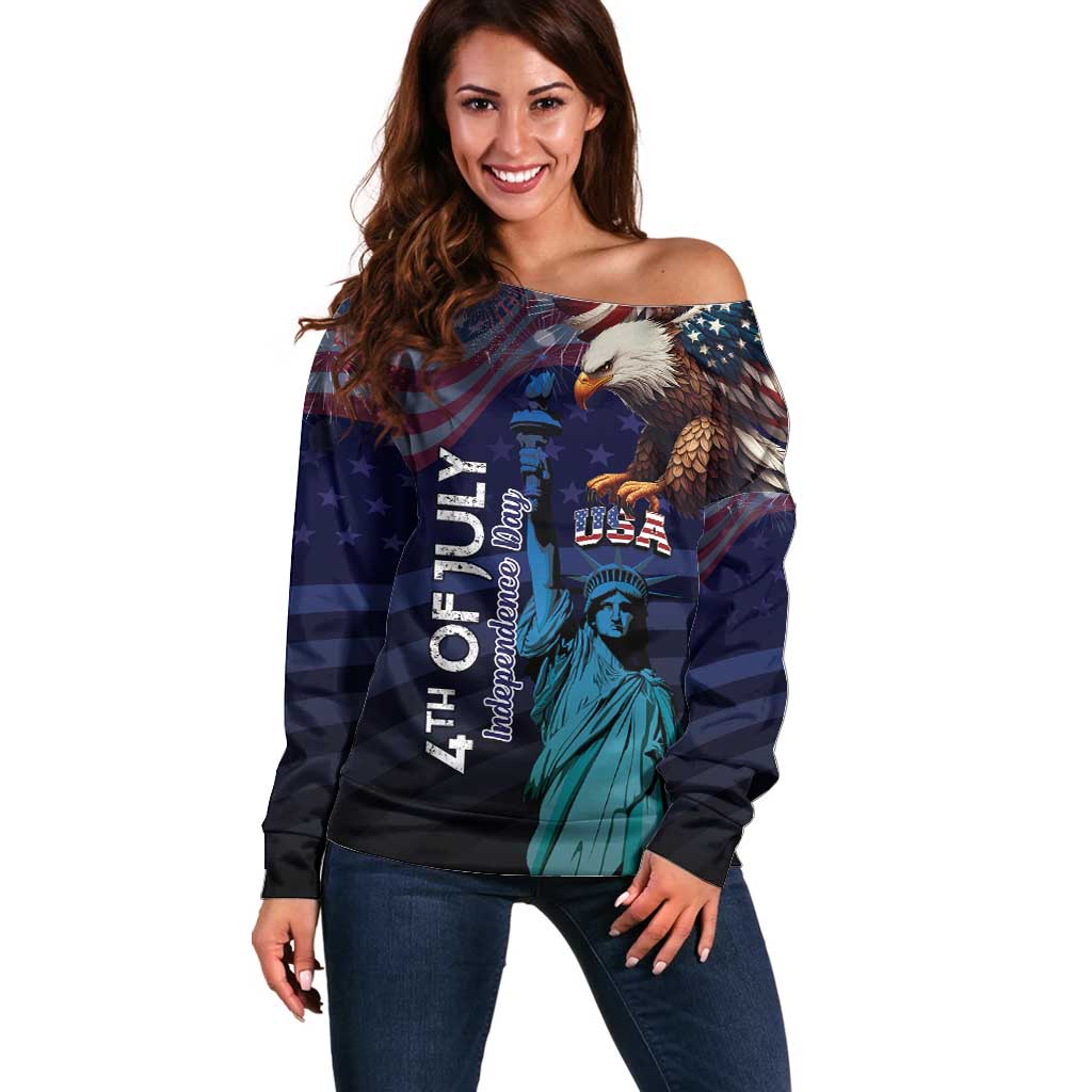 Personalized Fourth Of July USA Off Shoulder Sweater Eagle - Statue Of Liberty