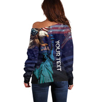 Personalized Fourth Of July USA Off Shoulder Sweater Eagle - Statue Of Liberty