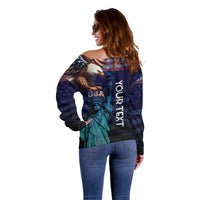 Personalized Fourth Of July USA Off Shoulder Sweater Eagle - Statue Of Liberty