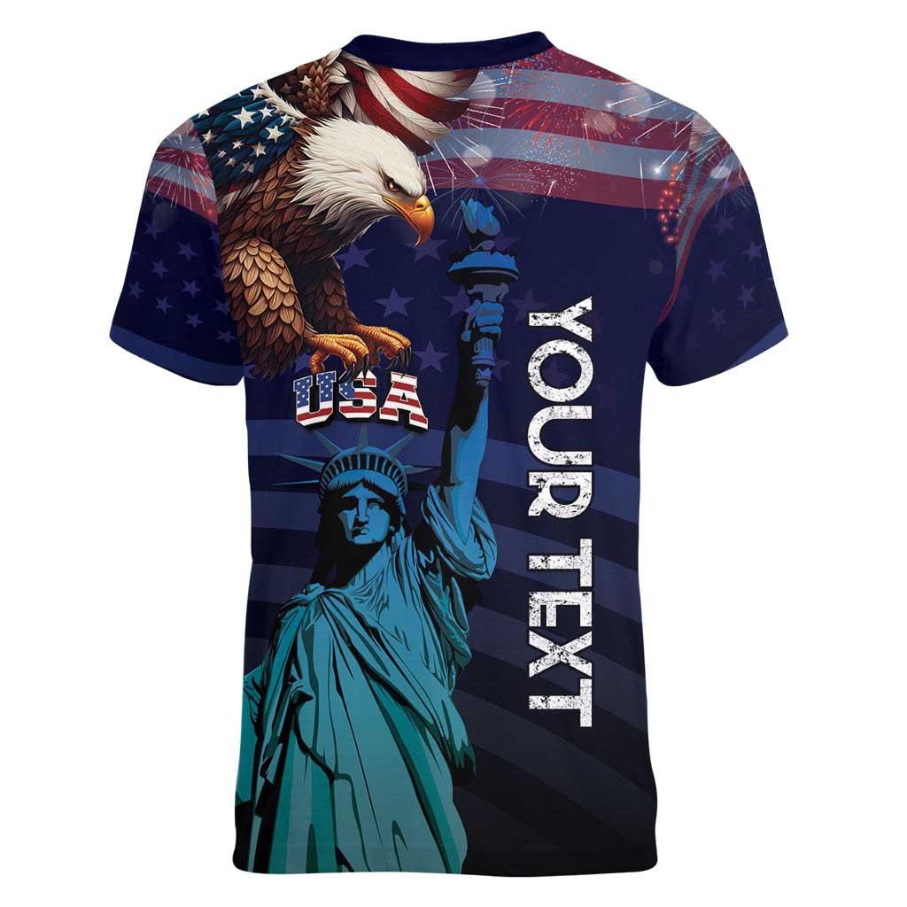 Personalized Fourth Of July USA Women V-Neck T-Shirt Eagle - Statue Of Liberty