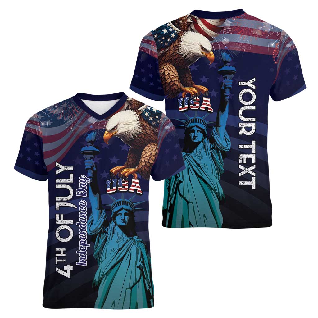 Personalized Fourth Of July USA Women V-Neck T-Shirt Eagle - Statue Of Liberty