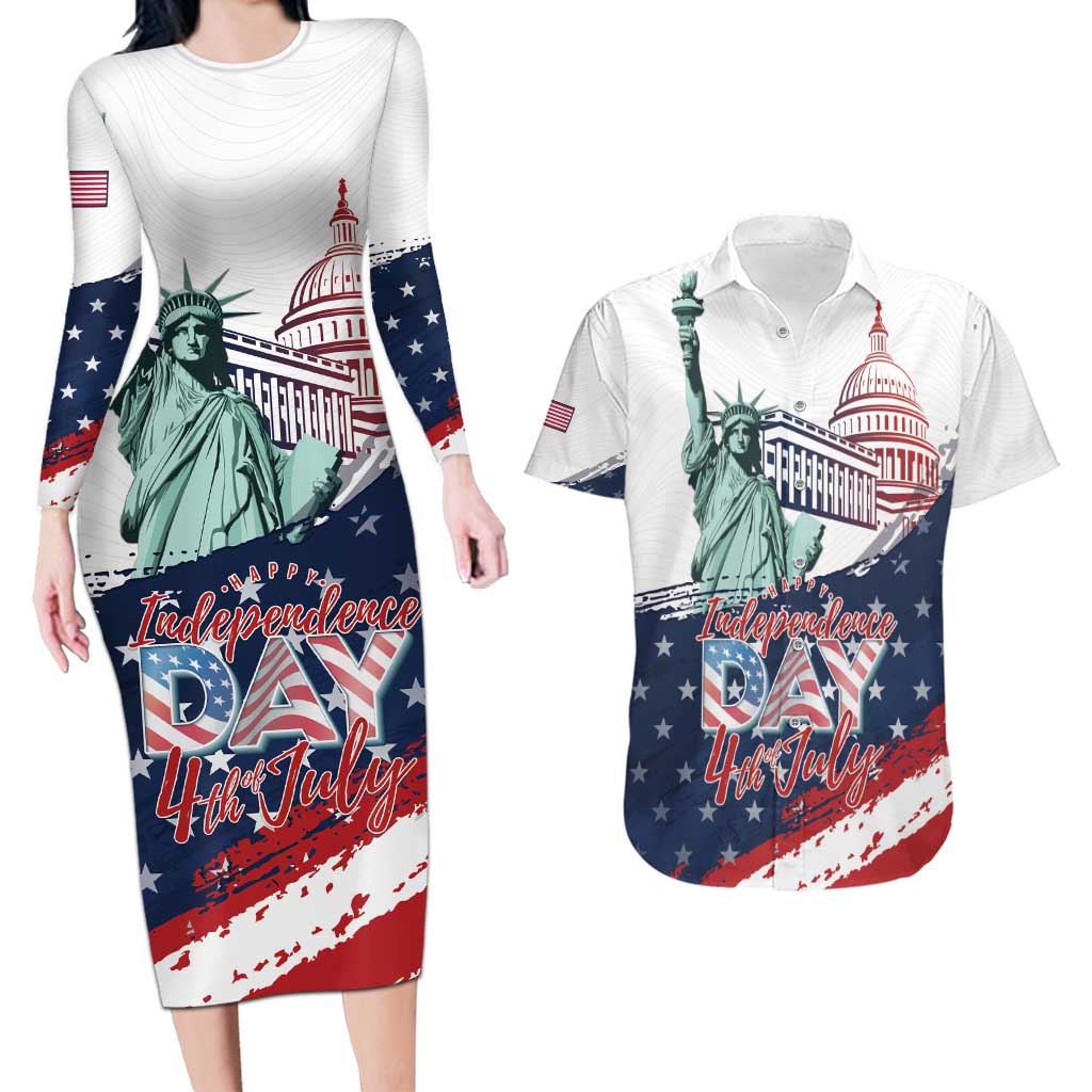 Personalized Fourth Of July Couples Matching Long Sleeve Bodycon Dress and Hawaiian Shirt Happy USA Independence Day