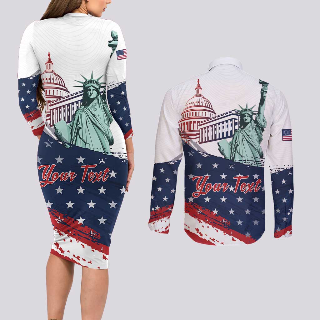 Personalized Fourth Of July Couples Matching Long Sleeve Bodycon Dress and Long Sleeve Button Shirt Happy USA Independence Day