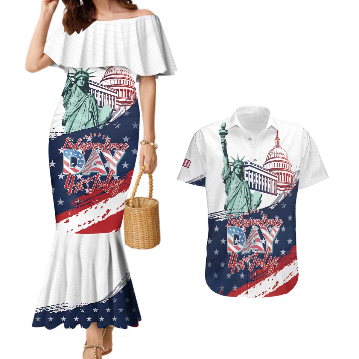 Personalized Fourth Of July Couples Matching Mermaid Dress and Hawaiian Shirt Happy USA Independence Day