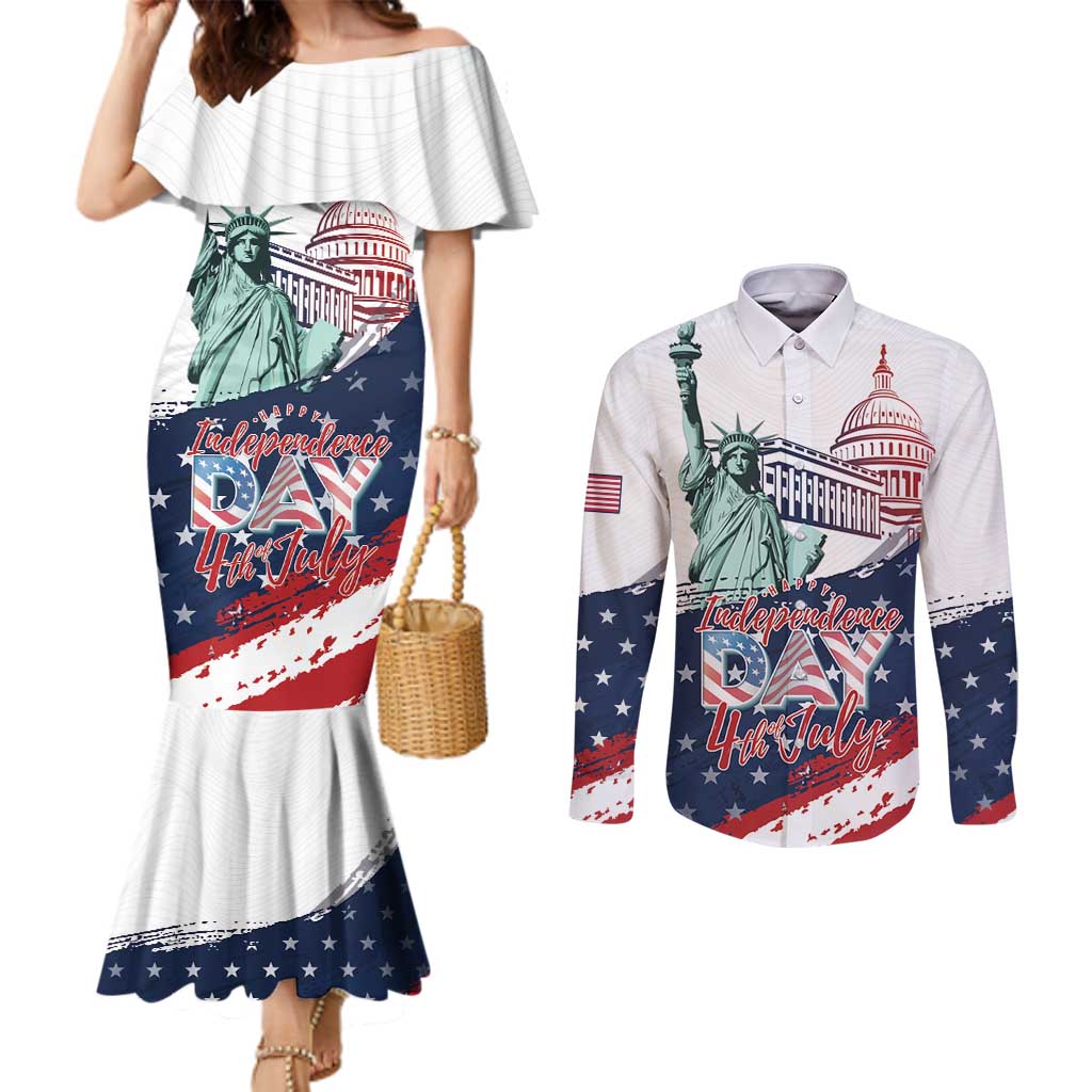 Personalized Fourth Of July Couples Matching Mermaid Dress and Long Sleeve Button Shirt Happy USA Independence Day