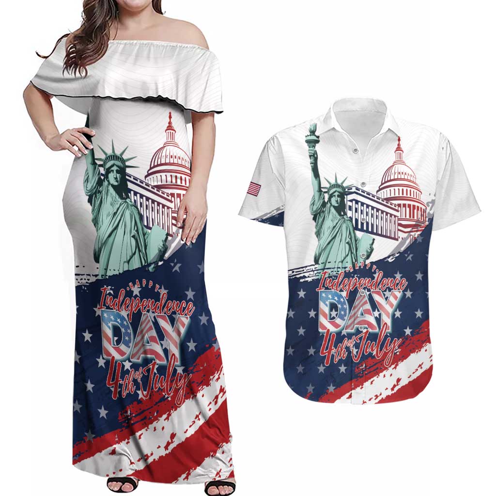 Personalized Fourth Of July Couples Matching Off Shoulder Maxi Dress and Hawaiian Shirt Happy USA Independence Day