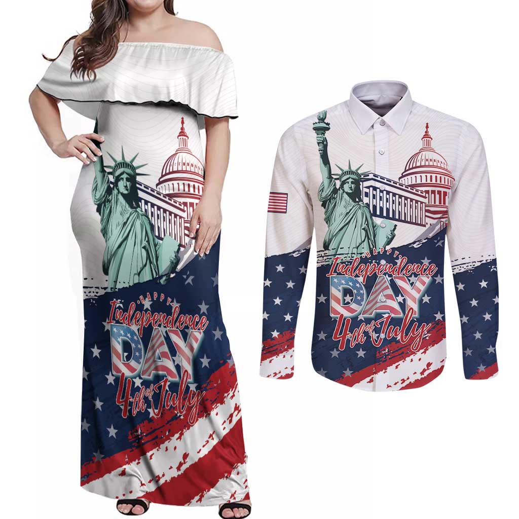 Personalized Fourth Of July Couples Matching Off Shoulder Maxi Dress and Long Sleeve Button Shirt Happy USA Independence Day