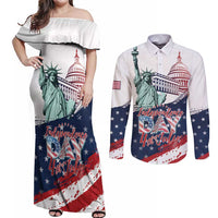 Personalized Fourth Of July Couples Matching Off Shoulder Maxi Dress and Long Sleeve Button Shirt Happy USA Independence Day