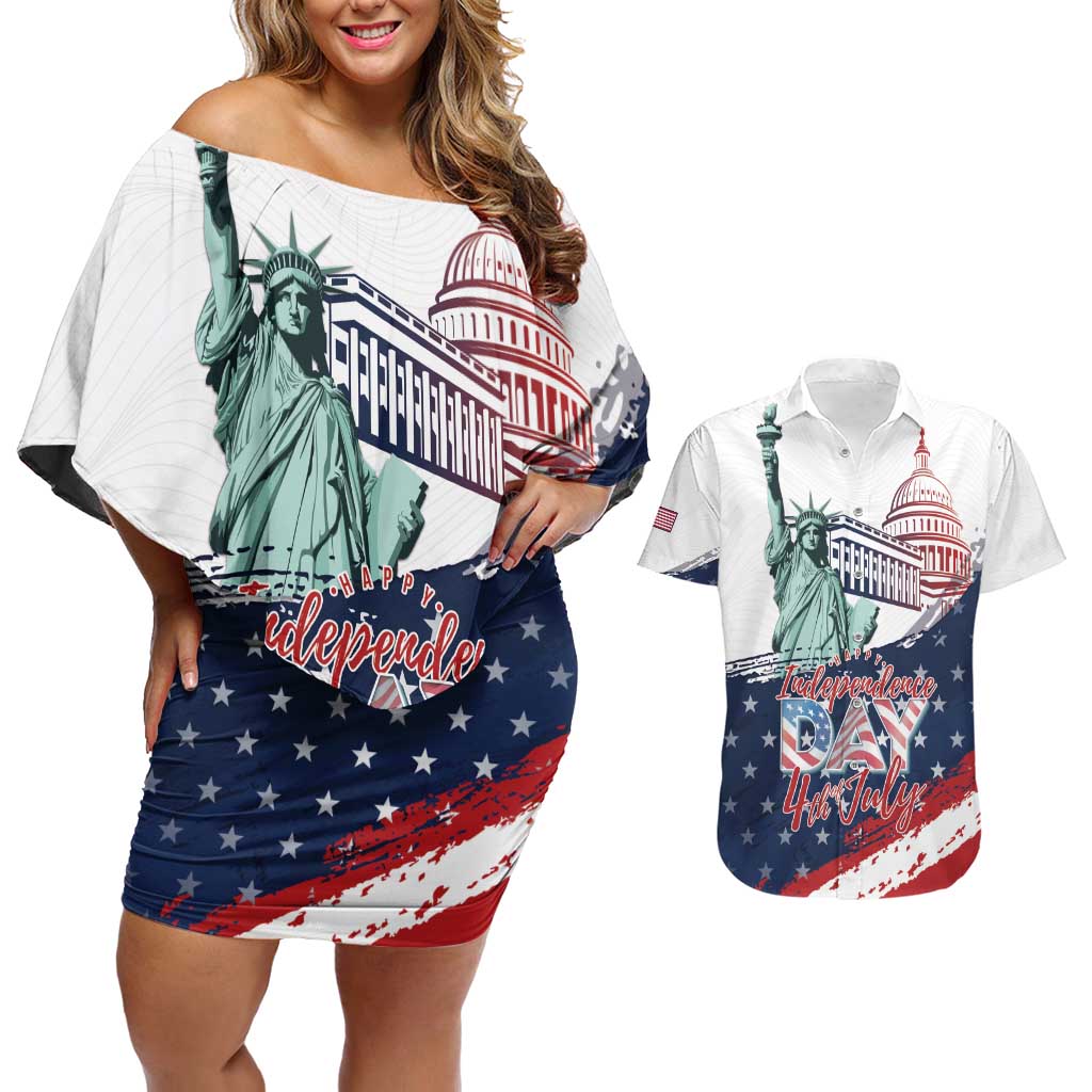 Personalized Fourth Of July Couples Matching Off Shoulder Short Dress and Hawaiian Shirt Happy USA Independence Day