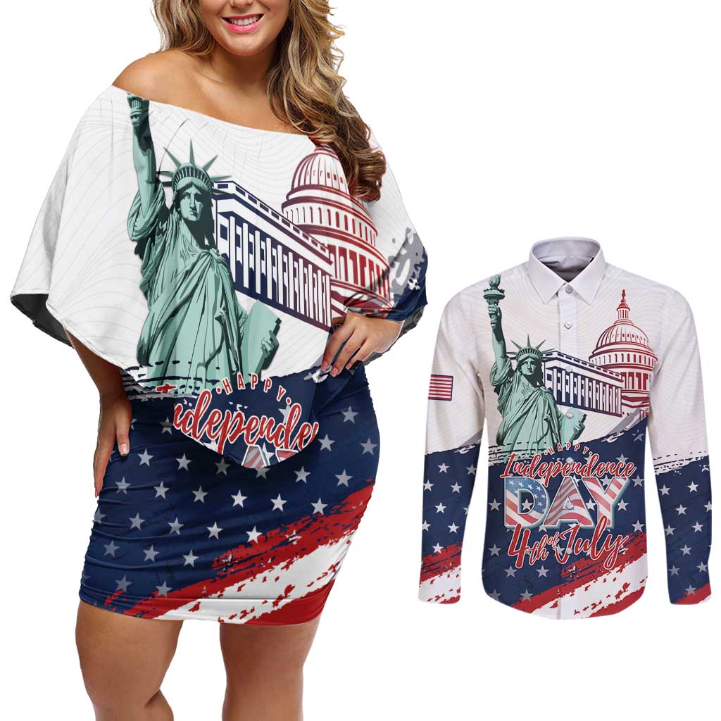 Personalized Fourth Of July Couples Matching Off Shoulder Short Dress and Long Sleeve Button Shirt Happy USA Independence Day
