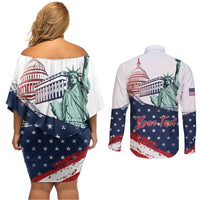 Personalized Fourth Of July Couples Matching Off Shoulder Short Dress and Long Sleeve Button Shirt Happy USA Independence Day
