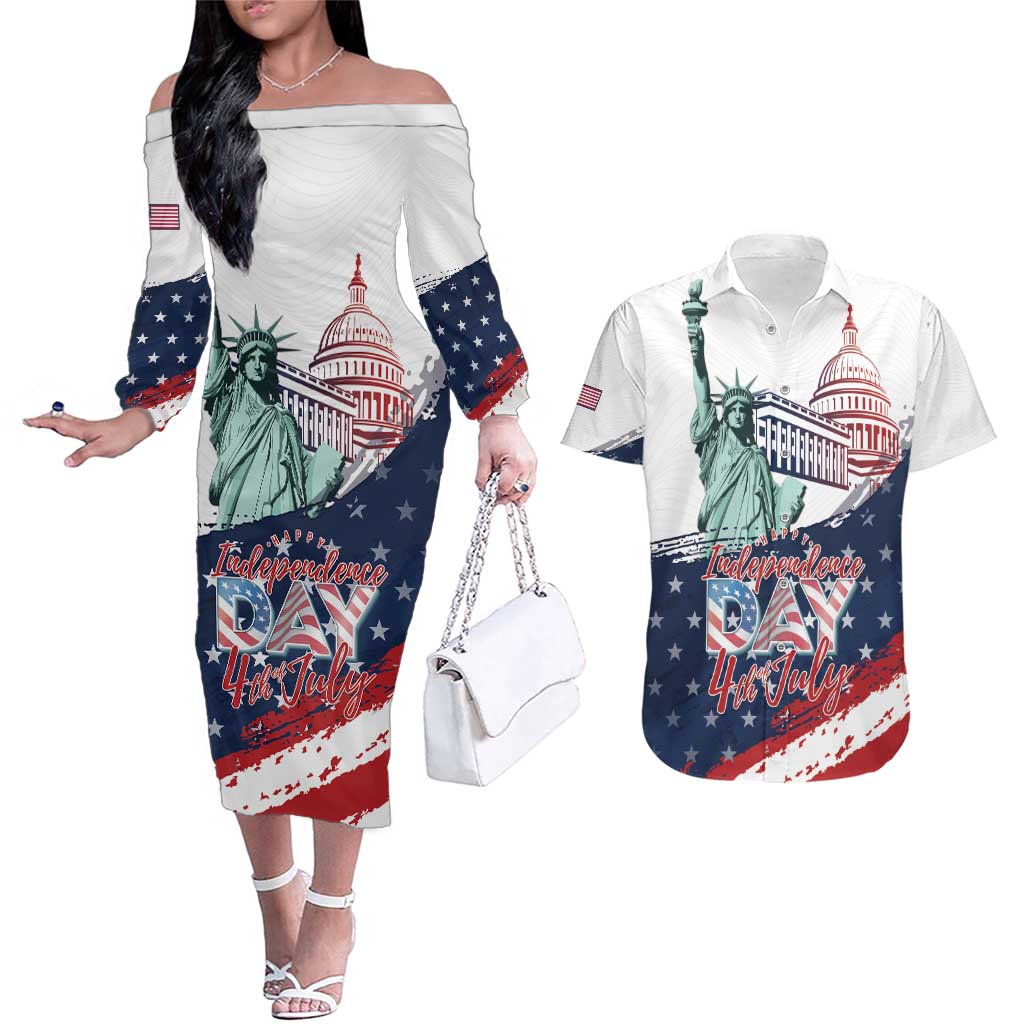 Personalized Fourth Of July Couples Matching Off The Shoulder Long Sleeve Dress and Hawaiian Shirt Happy USA Independence Day