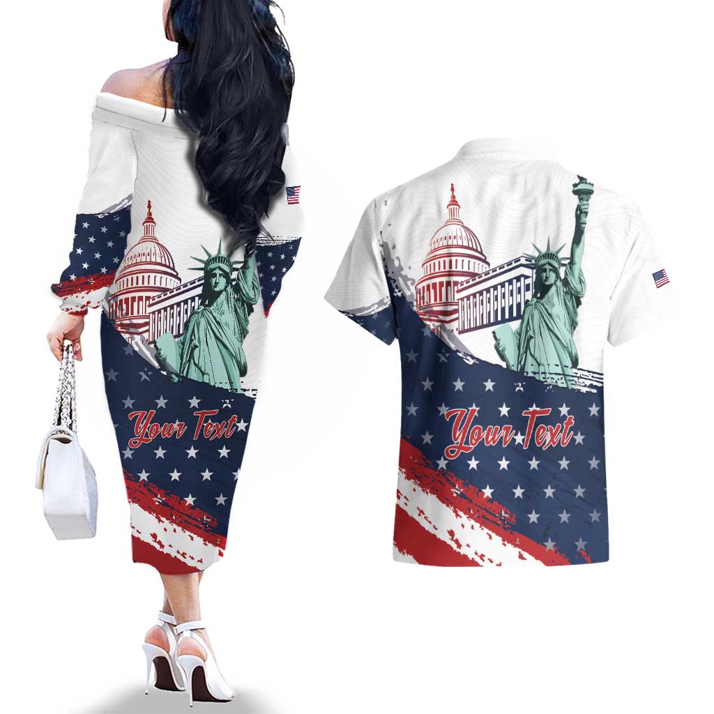 Personalized Fourth Of July Couples Matching Off The Shoulder Long Sleeve Dress and Hawaiian Shirt Happy USA Independence Day
