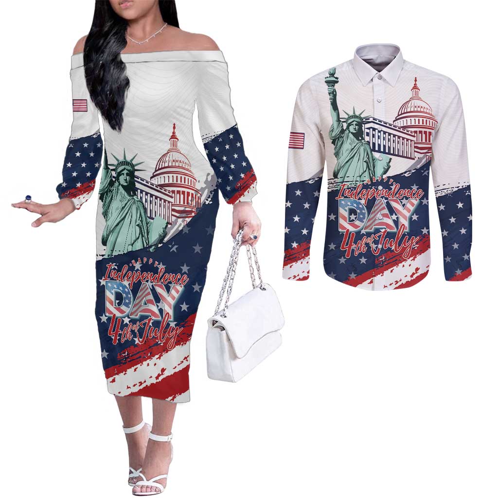 Personalized Fourth Of July Couples Matching Off The Shoulder Long Sleeve Dress and Long Sleeve Button Shirt Happy USA Independence Day