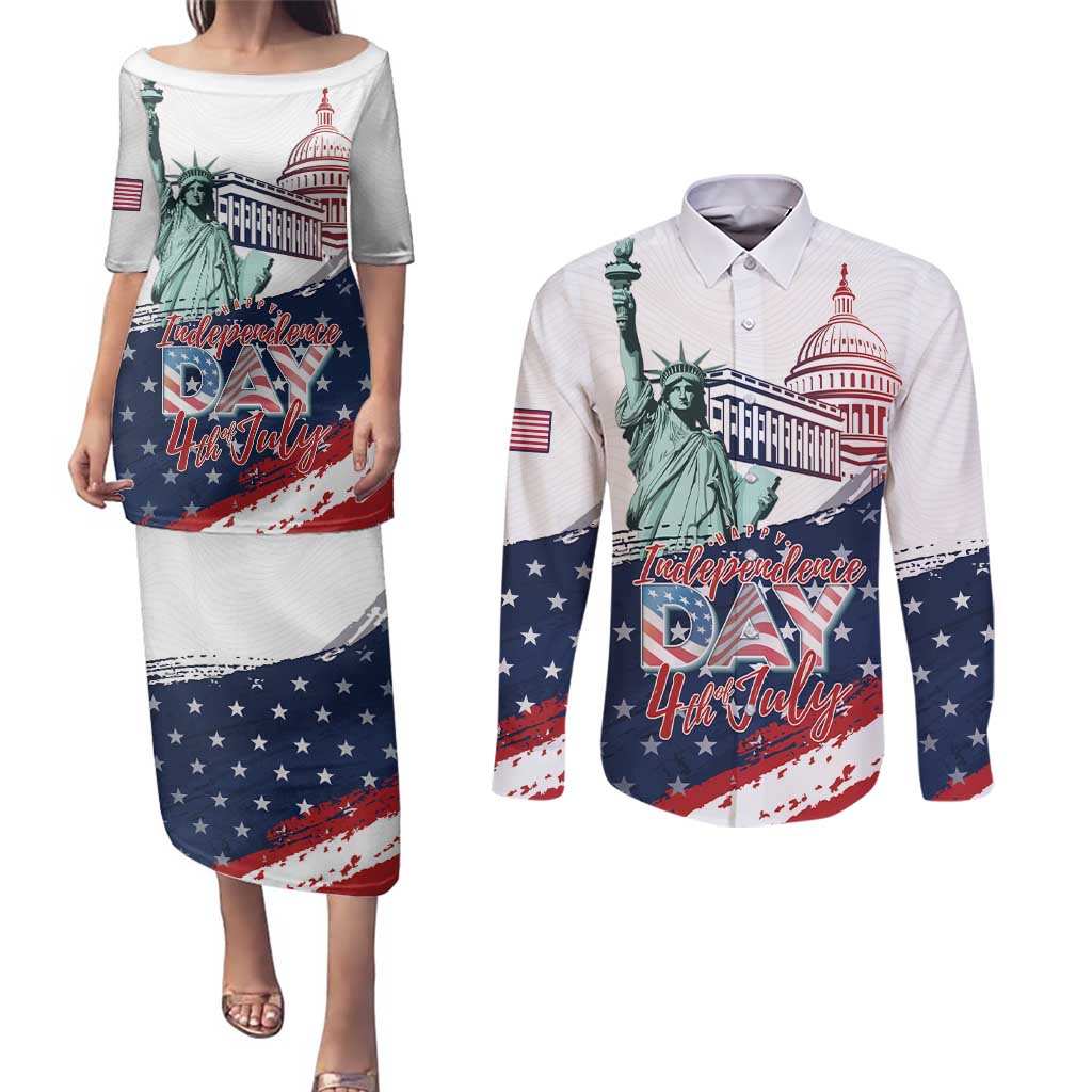 Personalized Fourth Of July Couples Matching Puletasi and Long Sleeve Button Shirt Happy USA Independence Day