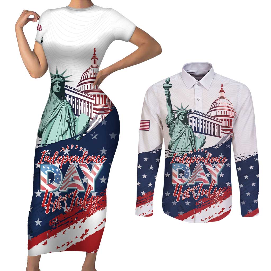 Personalized Fourth Of July Couples Matching Short Sleeve Bodycon Dress and Long Sleeve Button Shirt Happy USA Independence Day