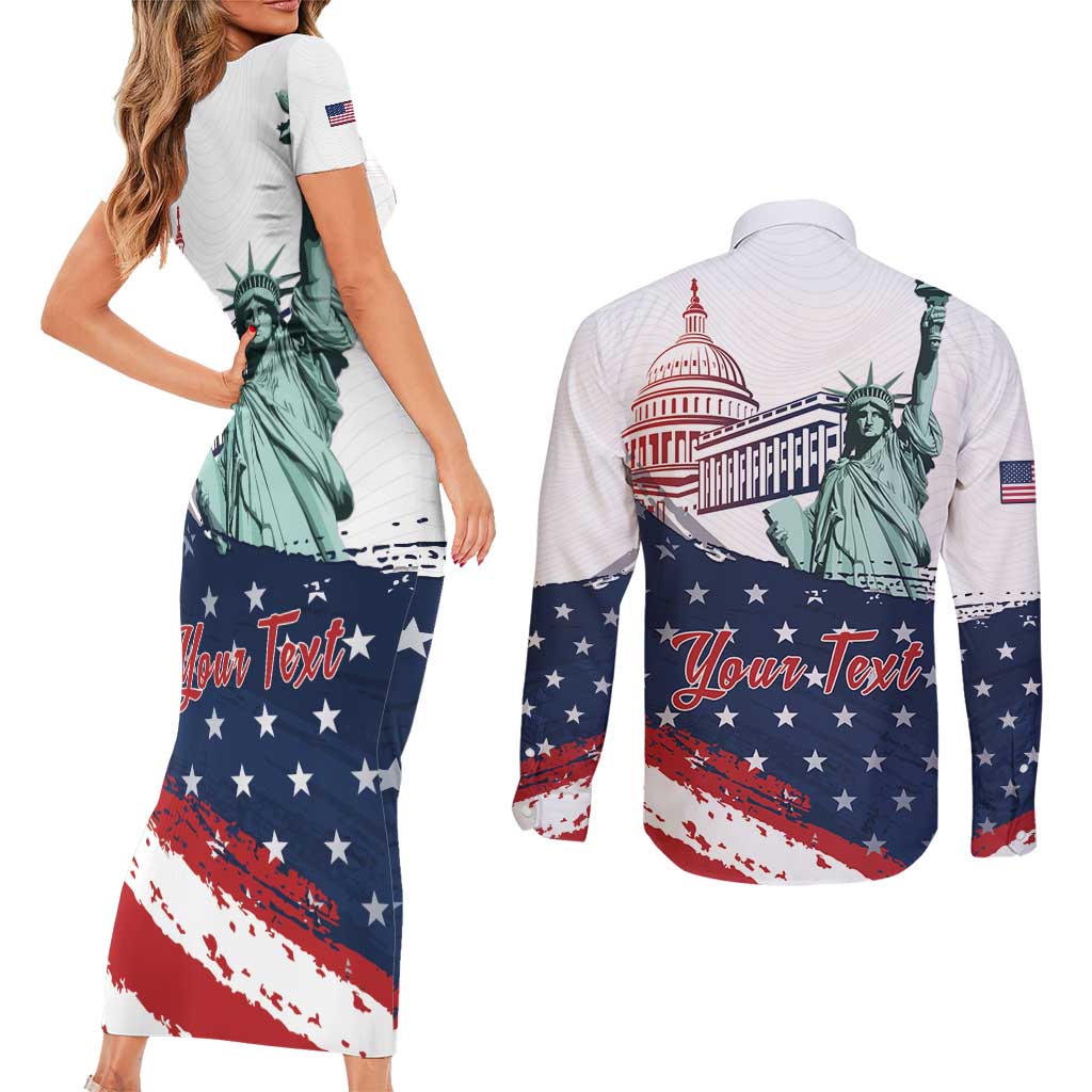 Personalized Fourth Of July Couples Matching Short Sleeve Bodycon Dress and Long Sleeve Button Shirt Happy USA Independence Day