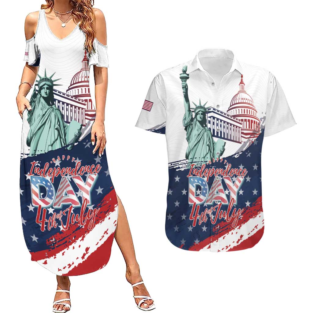 Personalized Fourth Of July Couples Matching Summer Maxi Dress and Hawaiian Shirt Happy USA Independence Day