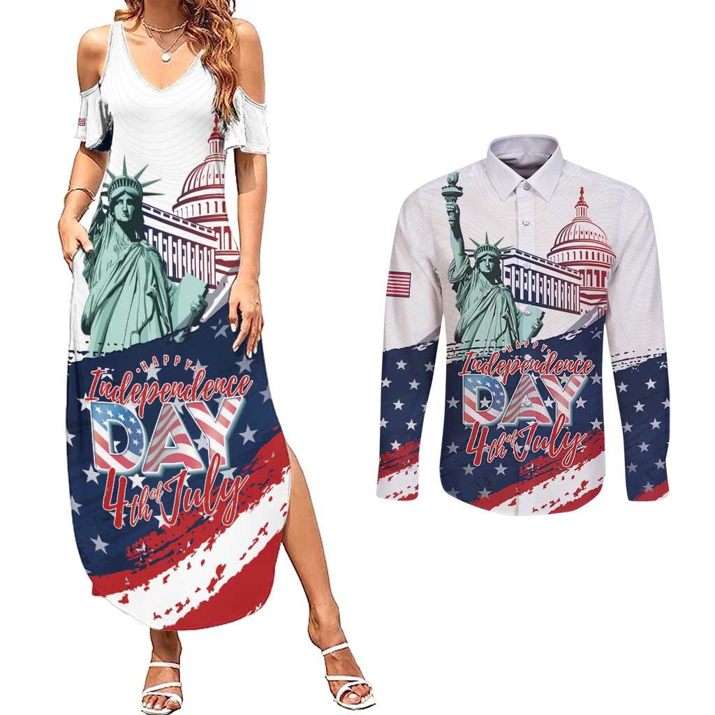 Personalized Fourth Of July Couples Matching Summer Maxi Dress and Long Sleeve Button Shirt Happy USA Independence Day