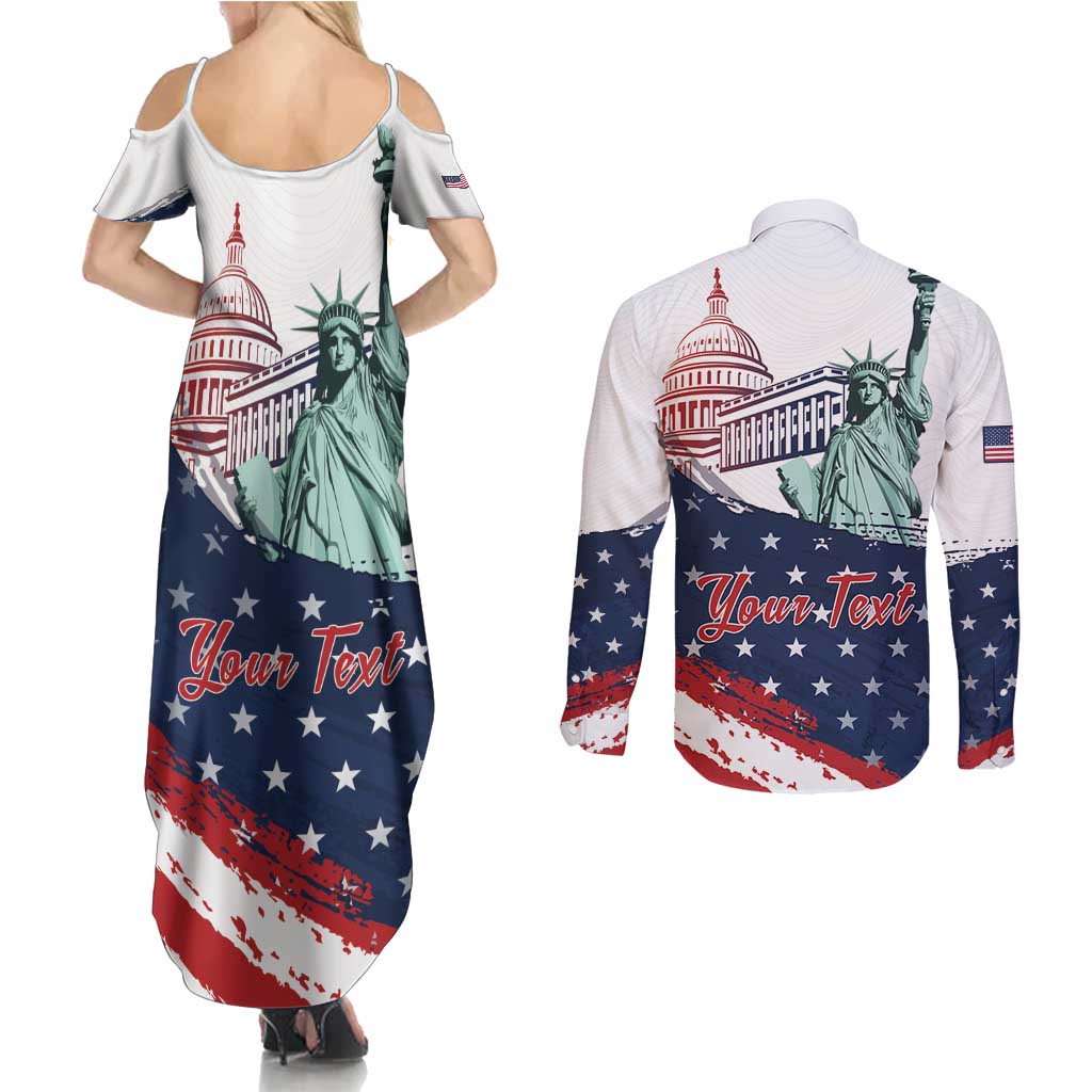 Personalized Fourth Of July Couples Matching Summer Maxi Dress and Long Sleeve Button Shirt Happy USA Independence Day